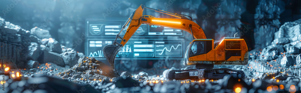 Poster an excavator is working on a rocky field, while digital displays show performance and energy efficie