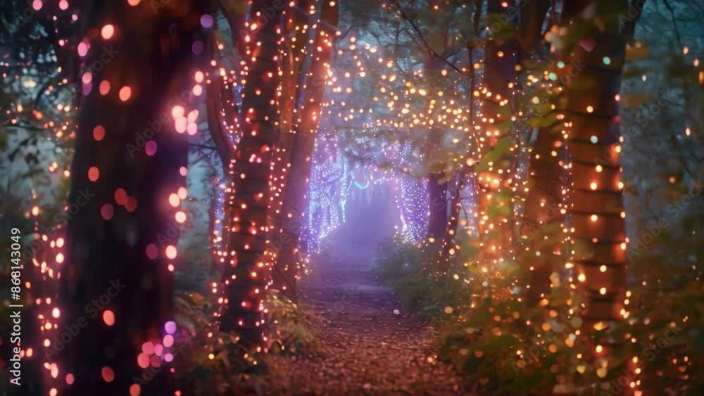 Poster a path in the woods lined with colorful fairy lights, creating a whimsical and enchanting atmosphere