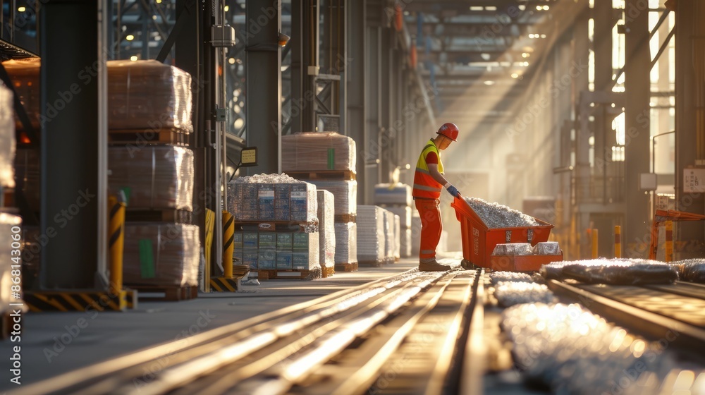 Poster skilled industrial worker loading product in production line at factory. professional project manage