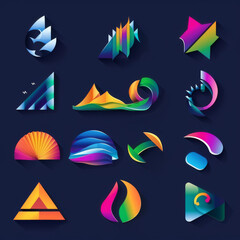 Set of abstract logos for business companies, featuring elements for corporate identity design. The collection includes colorful vector icons representing technology, eco, science, healthcare.