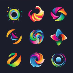 Set of abstract logos for business companies, featuring elements for corporate identity design. The collection includes colorful vector icons representing technology, eco, science, healthcare.