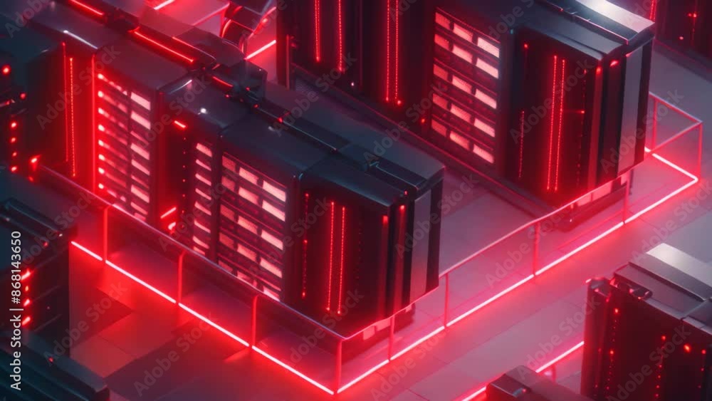 Poster detailed 3d visualization of a server room illuminated by red lights, design an isometric video of a