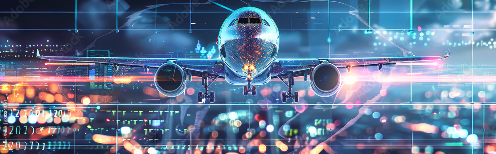 Poster a futuristic airplane flies through a digitally rendered cityscape at night, its form composed of gl