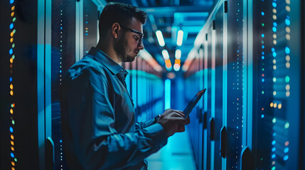 Data Center Engineer Inspecting Server Room with Digital Tablet 13
