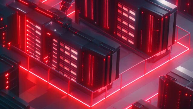 Detailed 3D visualization of a server room illuminated by red lights, Design an isometric video of a secure data center with rows of servers and protective barriers