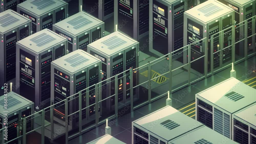 Poster a detailed look at a busy data center with numerous servers and equipment in operation, design an is