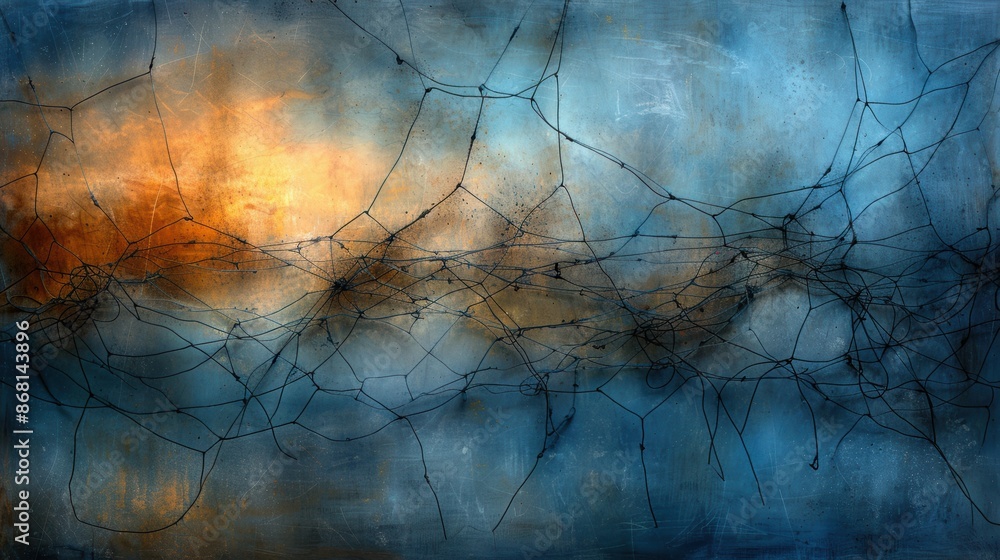 Poster abstract blue and orange artwork with interconnected lines creating a complex and dynamic visual eff