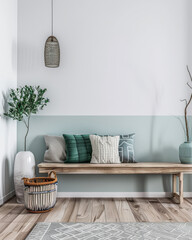 Minimalist living room interiors in turquoise color with minimal furniture and natural lighting.Interiors design composition concept image.