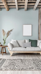 Minimalist living room interiors in turquoise color with minimal furniture and natural lighting.Interiors design composition concept image.