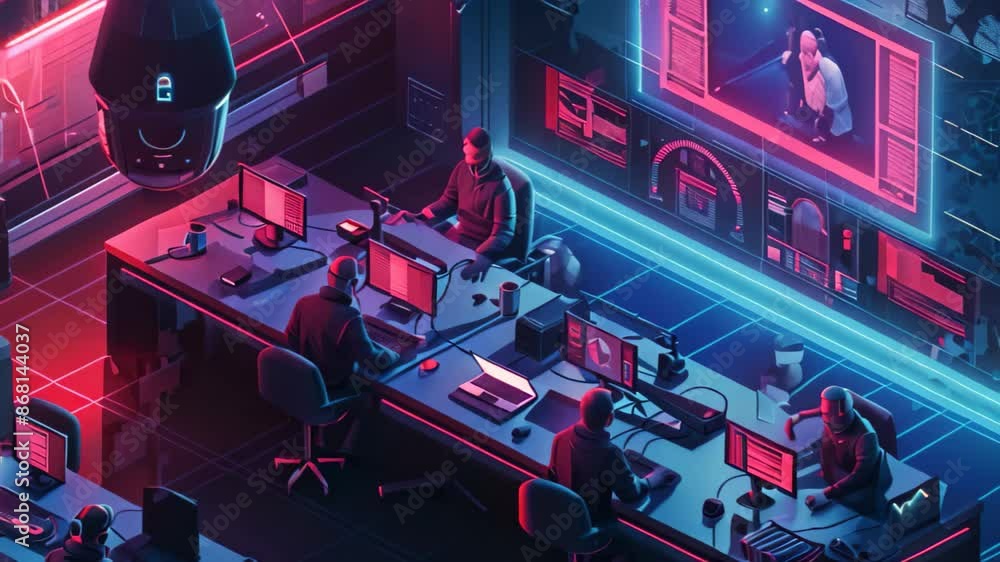 Poster team of people working at a computer desk, design an isometric scene showing a team of cyber securit