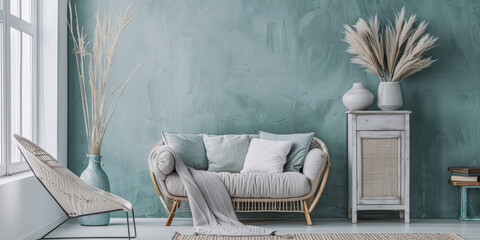 Minimalist living room interiors in turquoise color with minimal furniture and natural lighting.Interiors design composition concept image.