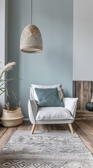 Minimalist living room interiors in turquoise color with minimal furniture and natural lighting.Interiors design composition concept image.