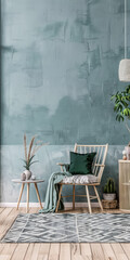 Minimalist living room interiors in turquoise color with minimal furniture and natural lighting.Interiors design composition concept image.