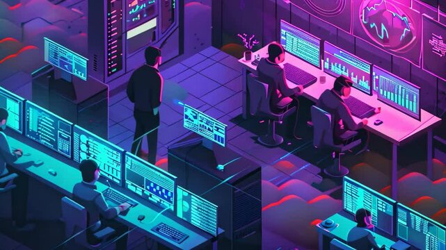 Group of people busily working on computers at a desk in a modern office setting, Design an isometric scene showing a team of cyber security experts monitoring a virtual environment