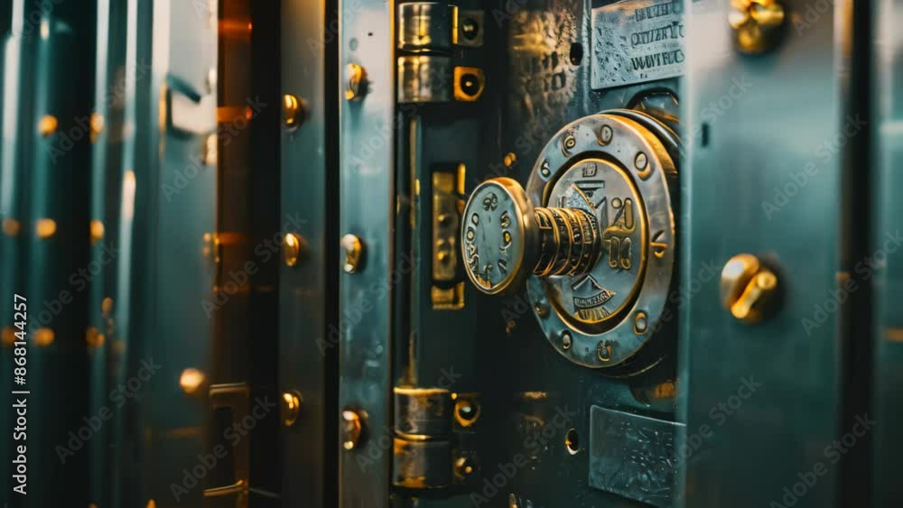 Poster detailed view of a bank vault with a secure lock mechanism, designing a secure data storage system w