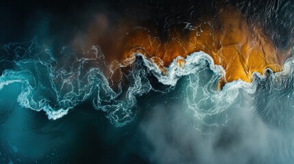 Aerial view of ocean waves crashing against the shore, blending vibrant blue and fiery orange hues, creating a stunning natural seascape.