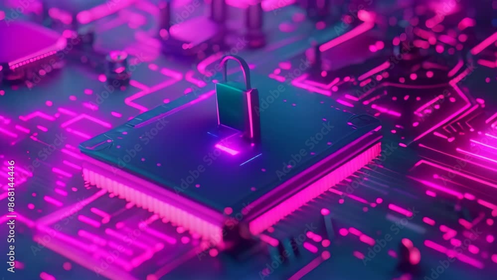 Poster a padlock secured on a circuit board, symbolizing data encryption and security measures, designing a