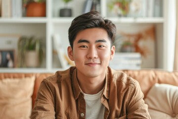 Fototapeta premium Young Asian man sitting with his arms crossed, grinning at the camera at home. Bright young student with confidence and a happy smile.