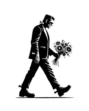 recommend clip art: Frankenstein Walking Silhouette Holding Flowers Illustration on a White Background