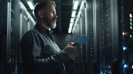 Fototapeta premium Professional Data Center Engineer Inspecting Servers with Tablet 4