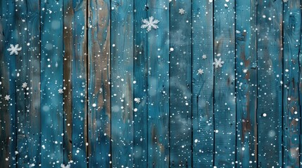 Winter themed blue wood background with snowflakes for a festive feel
