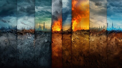 Dramatic artistic environmental collage showing a timeline from pollution to ecological disaster. Vibrant yet somber imagery depicting climate change.
