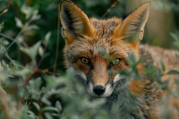 Fototapeta premium Fox in bushes, fox eye, nature