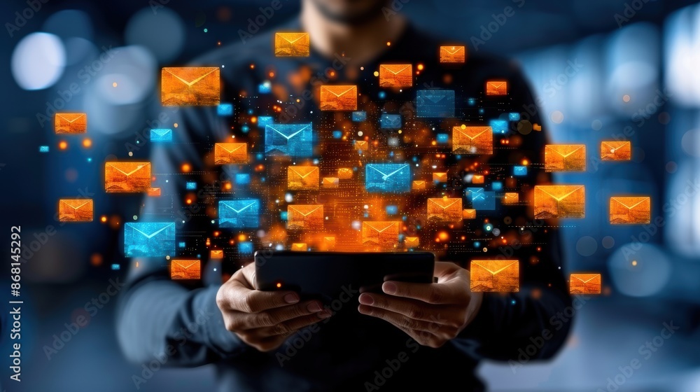 Poster man holding tablet with floating email icons, representing digital communication and technology in a