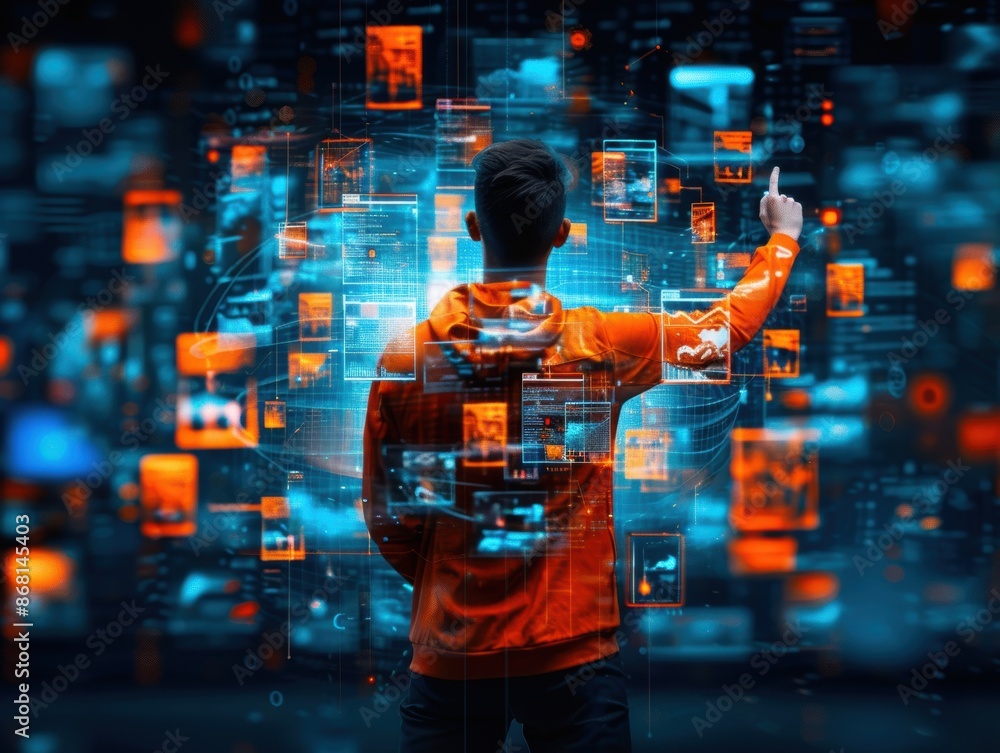 Poster man interacts with digital interface, surrounded by futuristic displays, symbolizing technology and 