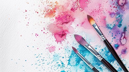 Vibrant flat lay with brushes and watercolor splashes on white background with space for text