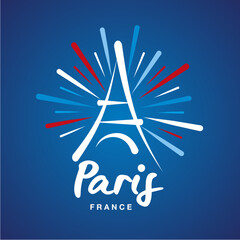 Paris France handwritten typography text with simple Eiffel draw and blue white red firework label icon