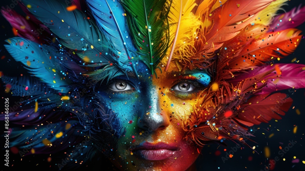 Poster vibrant artistic portrait with a face painted in vivid colors and adorned with colorful feathers, sy