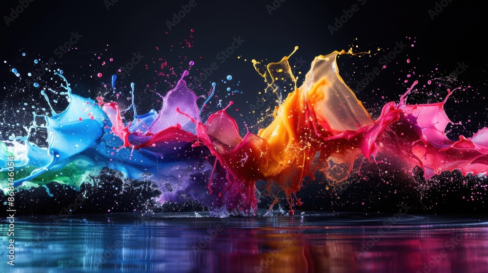 Poster vibrant colorful paint splashes creating a stunning visual effect on a dark background, perfect for 