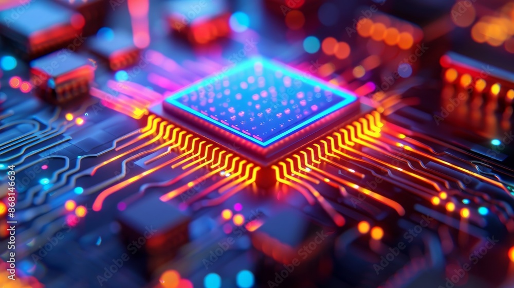 Aufkleber close-up of a glowing blue and orange cpu processor on a circuit board with digital details.