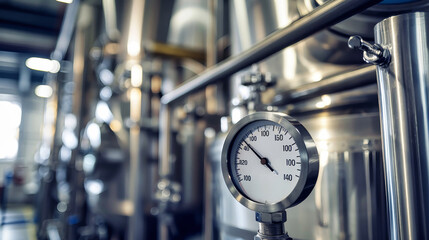 A close-up view of a temperature gauge mounted on a stainless steel pipe in a factory setting