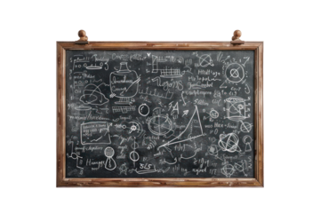 Rustic chalkboard filled with mathematical equations, diagrams, and computations. Ideal for educational, academic, and scientific themes.