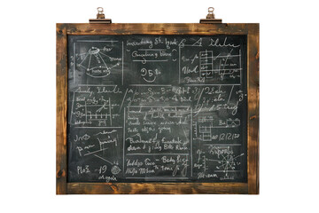 Vintage chalkboard with mathematical formulas and diagrams in classroom. Educational and scientific background.