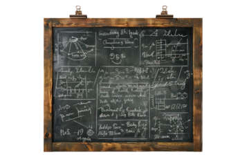 Vintage chalkboard with mathematical formulas and diagrams in classroom. Educational and scientific background.