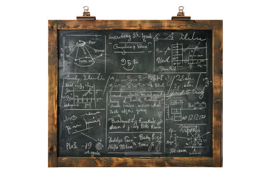 Vintage chalkboard with mathematical formulas and diagrams in classroom. Educational and scientific background.