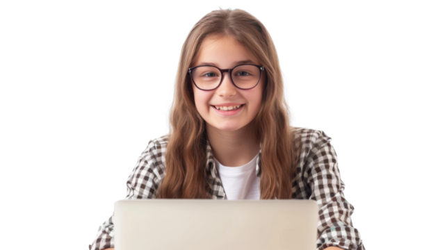 
Portrait of smiling teen girl with glasses using a laptop computer studying online on transparent background