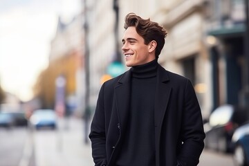 Fototapeta premium Portrait of a handsome young man in black coat walking down a city street