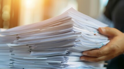 overwhelmed with work - person holding stack of papers, business and office concept.