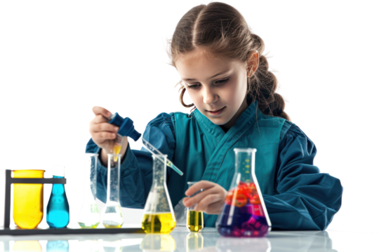 Young girl conducting chemistry experiment with colorful liquids in laboratory setting, showcasing scientific curiosity and learning.