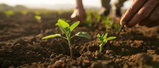 Close-up of a farmer planting seeds in fertile soil with young green seedlings, highlighting agriculture and growth.
