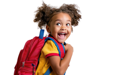 Excited child with curly hair and backpack, smiling and looking up. Isolated on white background. Ideal for education and back-to-school themes.