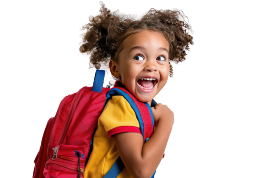 Excited child with curly hair and backpack, smiling and looking up. Isolated on white background. Ideal for education and back-to-school themes. - Powered by Adobe