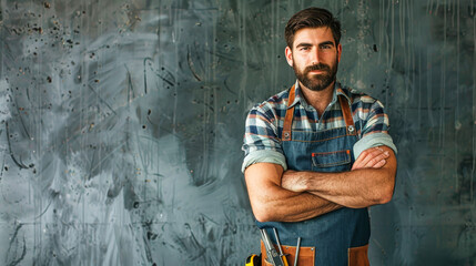 Obraz premium A man in a blue apron and plaid shirt stands confidently in front of a textured wall, arms crossed, ready to take on his next project