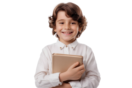 Smiling young boy with curly hair holding a book, wearing a white shirt, isolated on white background. Perfect for educational and learning themes.