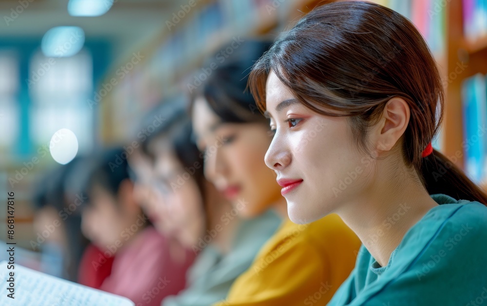 Poster focused student reading in university library with friends.