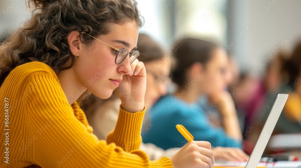 Poster focused student taking notes in a classroom setting - academic learning and concentration